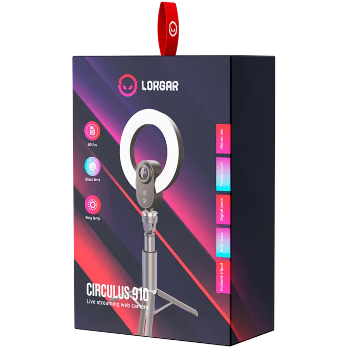 LORGAR Circulus 910, Streaming web camera, 5MP 2592X1944 max resolution, up to 60fps, 1/2.8", Sony STARVIS CMOS image sensor, full glass lens, 5.5'' built-in ring light (1700-14 000K), foldable tripod, auto focus, dual microphones with AI noise reduction, USB Type C, size: 470*133*115mm, 0.525kg, black+white — image 6