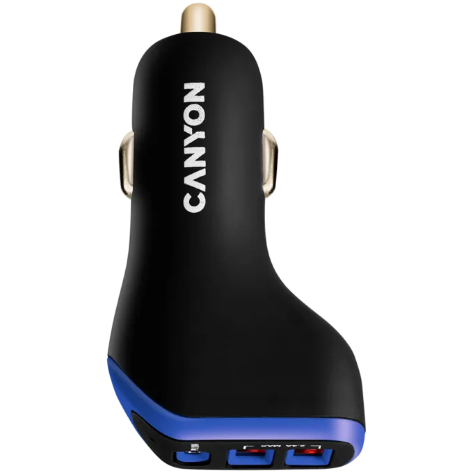 CANYON C-08, Universal 3xUSB car adapter, Input 12V-24V, Output DC USB-A 5V/2.4A(Max) + Type-C PD 18W, with Smart IC, Black+Purple with rubber coating, 71*39*26.2mm, 0.028kg — image 1