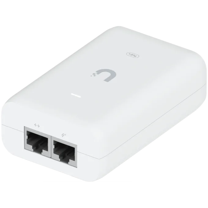 UBIQUITI PoE+ Adapter; Delivers up to 30W of PoE+; Additional power drives devices such as U6 LR, U6 Enterprise, Camera DSLR, and other PoE+ devices; Surge, peak pulse, and overcurrent protection; Contains RJ45 data input, AC cable with earth ground, — image 1
