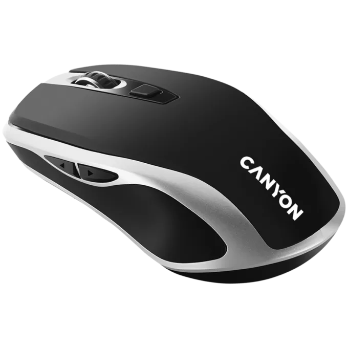 CANYON MW-19, 2.4GHz Wireless Rechargeable Mouse with Pixart sensor, 6keys, Silent switch for right/left keys,Add NTCDPI: 800/1200/1600, Max. usage 50 hours for one time full charged, 300mAh Li-poly battery, Black -Silver, cable length 0.6m, 121*70*39mm, 0. — image 2