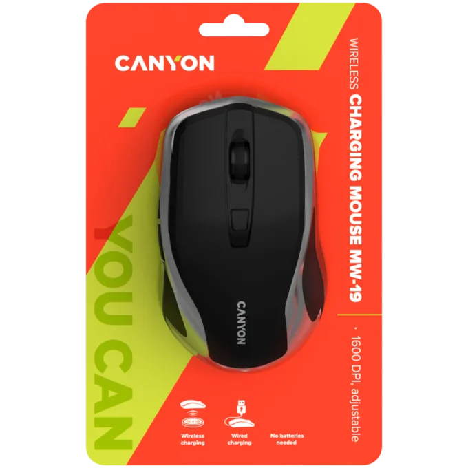 CANYON MW-19, 2.4GHz Wireless Rechargeable Mouse with Pixart sensor, 6keys, Silent switch for right/left keys,Add NTCDPI: 800/1200/1600, Max. usage 50 hours for one time full charged, 300mAh Li-poly battery, Black -Silver, cable length 0.6m, 121*70*39mm, 0. — image 5