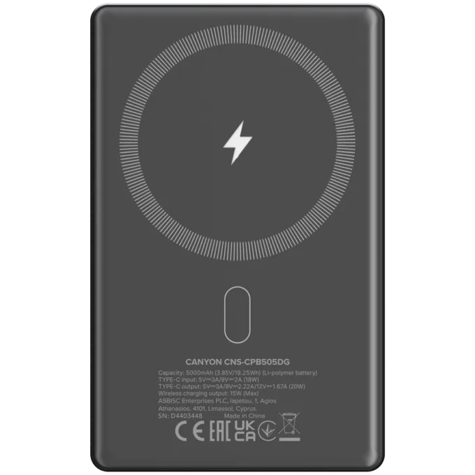 CANYON power bank OnPower 505 slim Magnetic 5000 mAh PD20W Dark Grey — image 3