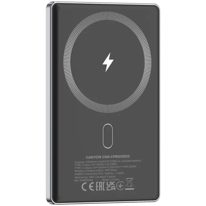 CANYON power bank OnPower 505 slim Magnetic 5000 mAh PD20W Dark Grey — image 4