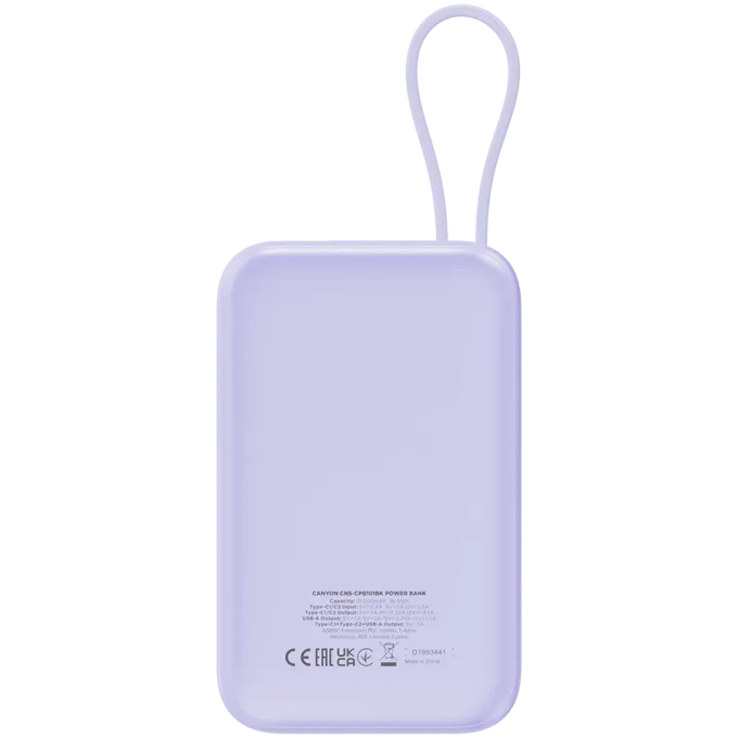 CANYON power bank OnPower 101 built-in cable 10000 mAh PD22.5W Purple — image 4
