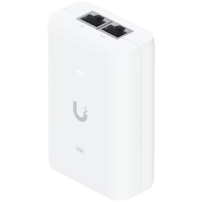 Ubiquiti U-POE+ adapter 30W, powers UniFi PoE+ devices, reduce dependency on PoE switch power, Contains RJ45 data input, AC cable with earth ground, and PoE+ output — image 1
