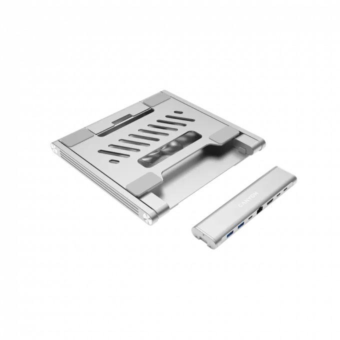 Canyon Laptop stands with hub, TYPE C F to HDMI2.0+2USB3.0+USBC3.0+RJ45+PD, TYEP C TO C cable 1m white with Emarker: HUSB332A, Material: Aluminum case+ABS+PS, Size: 245x240x27.2+/-0.3mm, Weight:1304g — image 2