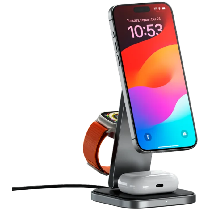 SATECHI 3-in-1 Foldable Qi2 Wireless Charging Stand (Space Gray) with Type A,C,G plugs — image 4
