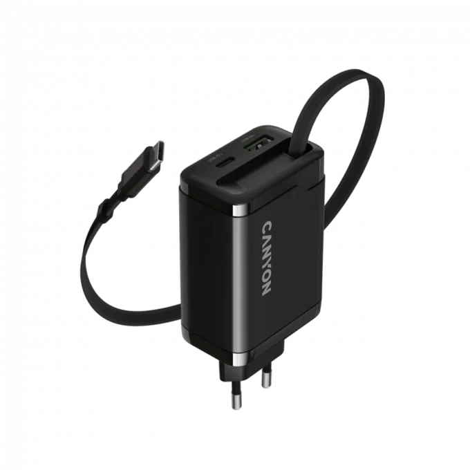 CANYON charger OnCharge 65RC Build-In Cable USB-C 65W 1xPD 1xQC EU Black — image 1