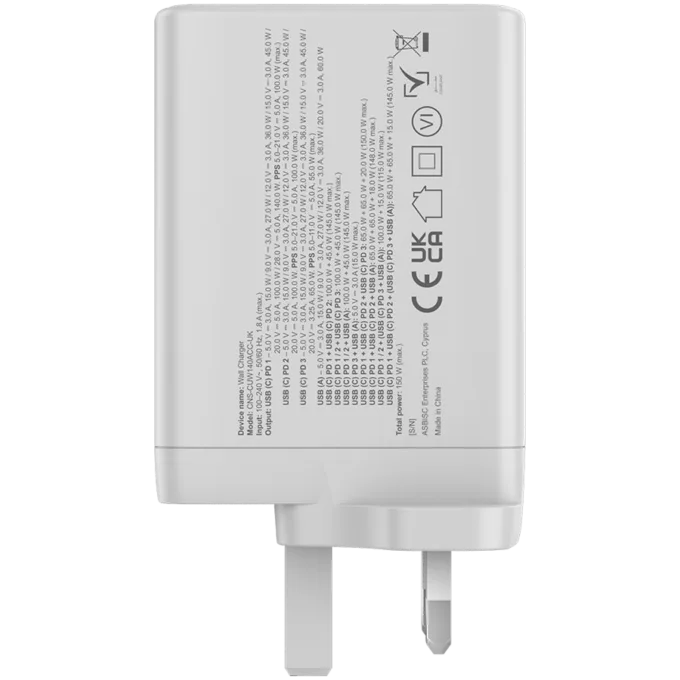 CANYON charger OnCharge 140 GAN Total 150W MAX 3 USB-C +1 USB-A White UK plug — image 6