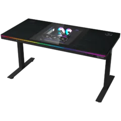 Dual-motor sit/stand adjustable-height gaming desk with built-in PC case, wireless charger, RGB lighting, control panel, and USB ports, PB melamine surface tabletop, black.