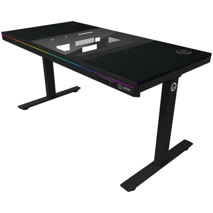Dual-motor sit/stand adjustable-height gaming desk with built-in PC case, wireless charger, RGB lighting, control panel, and USB ports, PB melamine surface tabletop, black. — image 2
