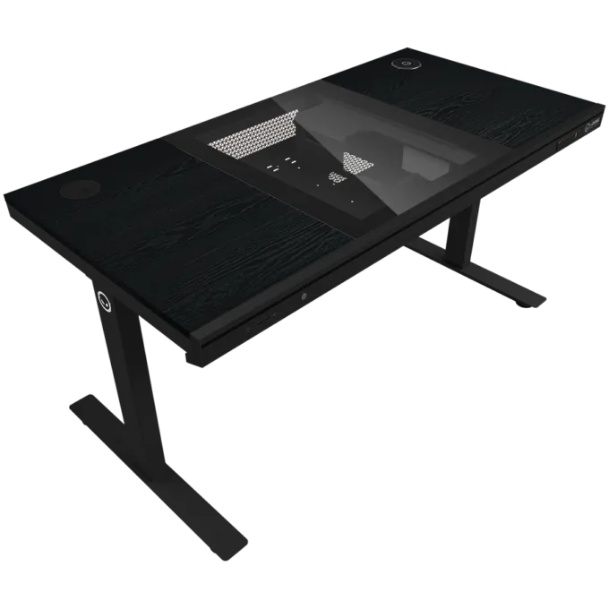 Dual-motor sit/stand adjustable-height gaming desk with built-in PC case, wireless charger, RGB lighting, control panel, and USB ports, PB melamine surface tabletop, black. — image 3