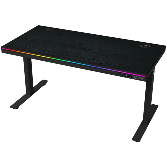 Dual-motor sit/stand adjustable-height gaming desk with wireless charger, RGB lighting, control panel, and USB ports, PB melamine surface tabletop, black. — image 1