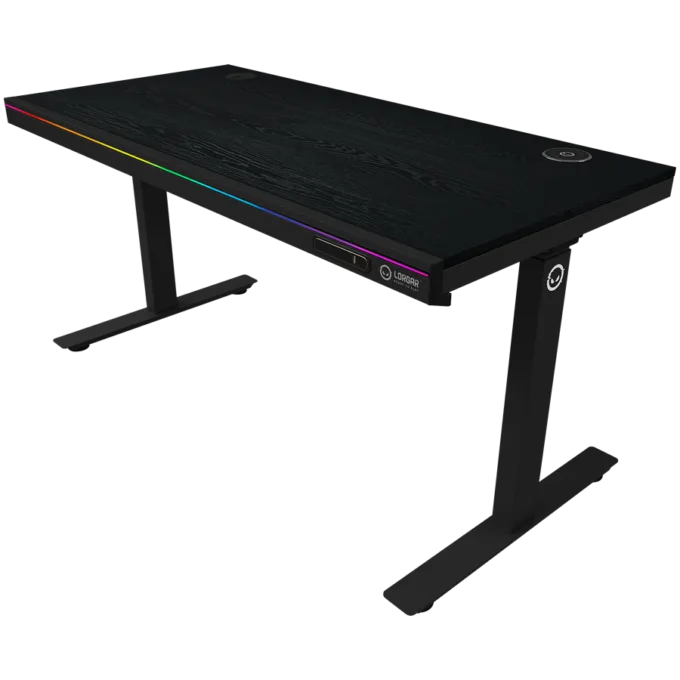 Dual-motor sit/stand adjustable-height gaming desk with wireless charger, RGB lighting, control panel, and USB ports, PB melamine surface tabletop, black. — image 2