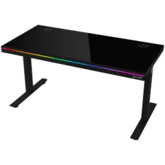 Dual-motor sit/stand adjustable-height gaming desk with wireless charger, RGB lighting, control panel, and USB ports, solid tempered glass tabletop, black.
