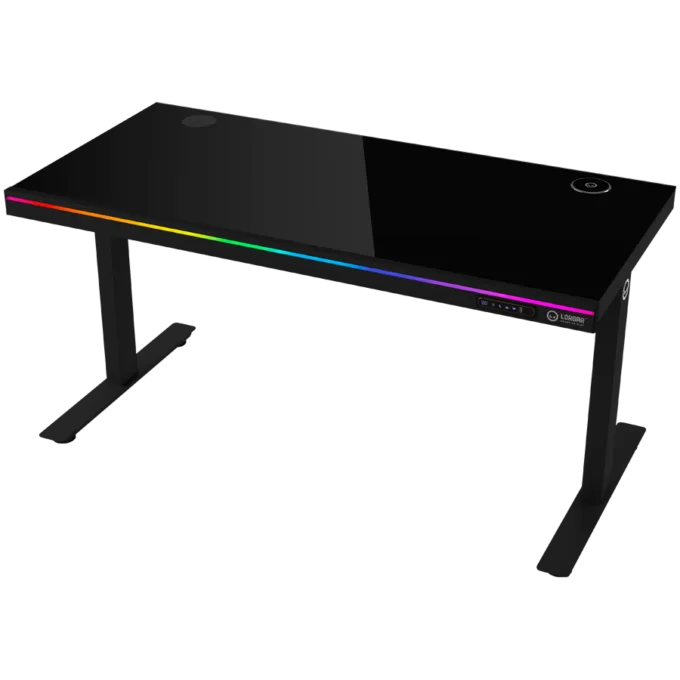 Dual-motor sit/stand adjustable-height gaming desk with wireless charger, RGB lighting, control panel, and USB ports, solid tempered glass tabletop, black. — image 1