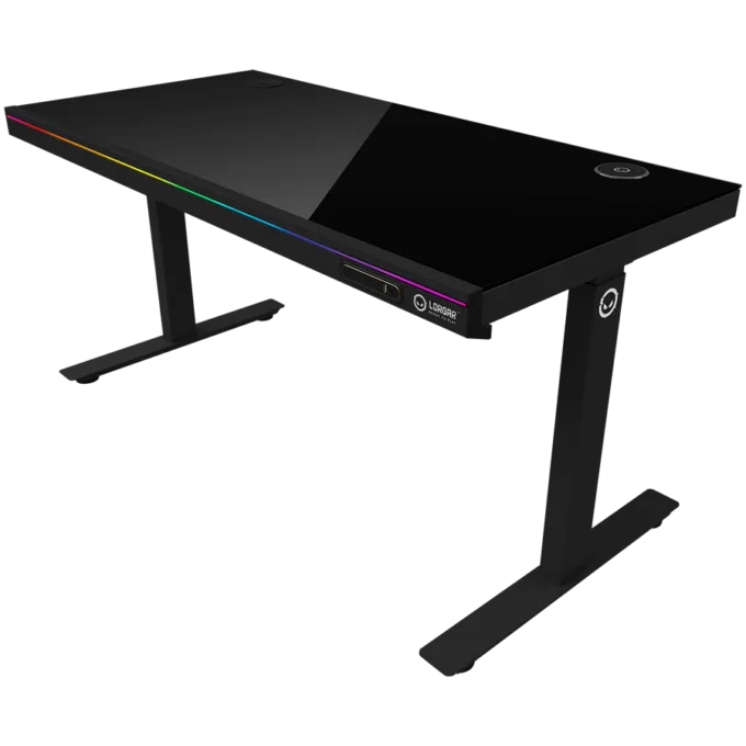 Dual-motor sit/stand adjustable-height gaming desk with wireless charger, RGB lighting, control panel, and USB ports, solid tempered glass tabletop, black. — image 2