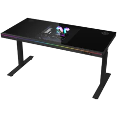 Dual-motor sit/stand adjustable-height gaming desk with built-in PC case, wireless charger, RGB lighting, control panel, and USB ports, tempered glass tabletop, black.