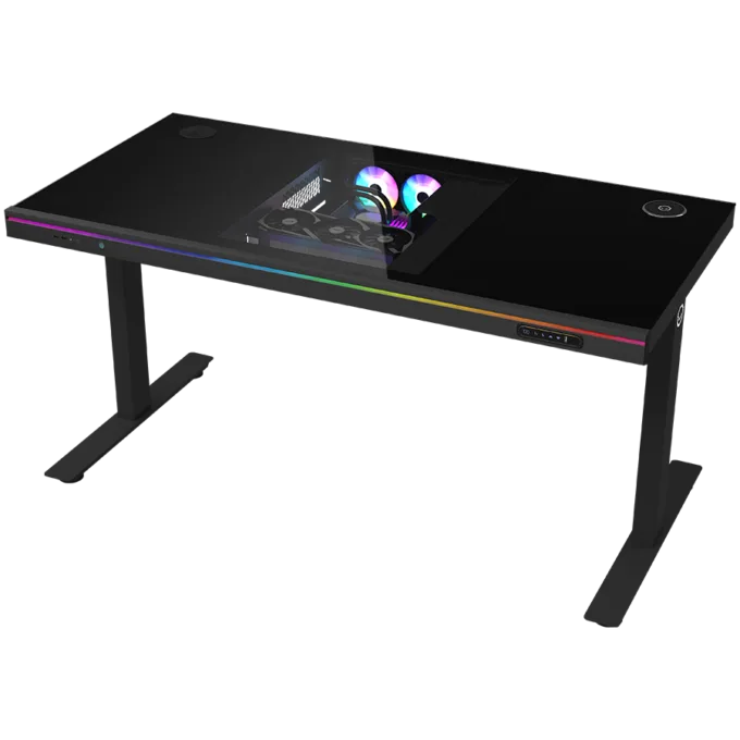 Dual-motor sit/stand adjustable-height gaming desk with built-in PC case, wireless charger, RGB lighting, control panel, and USB ports, tempered glass tabletop, black. — image 1