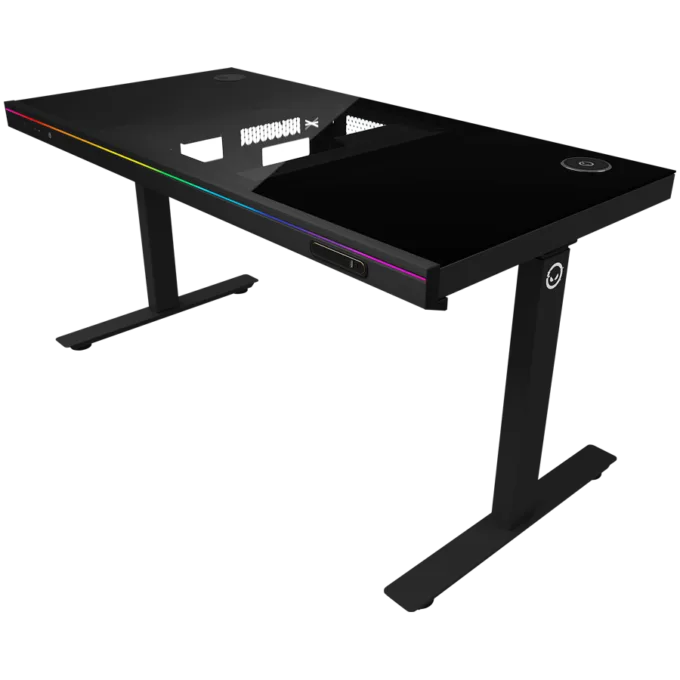 Dual-motor sit/stand adjustable-height gaming desk with built-in PC case, wireless charger, RGB lighting, control panel, and USB ports, tempered glass tabletop, black. — image 2