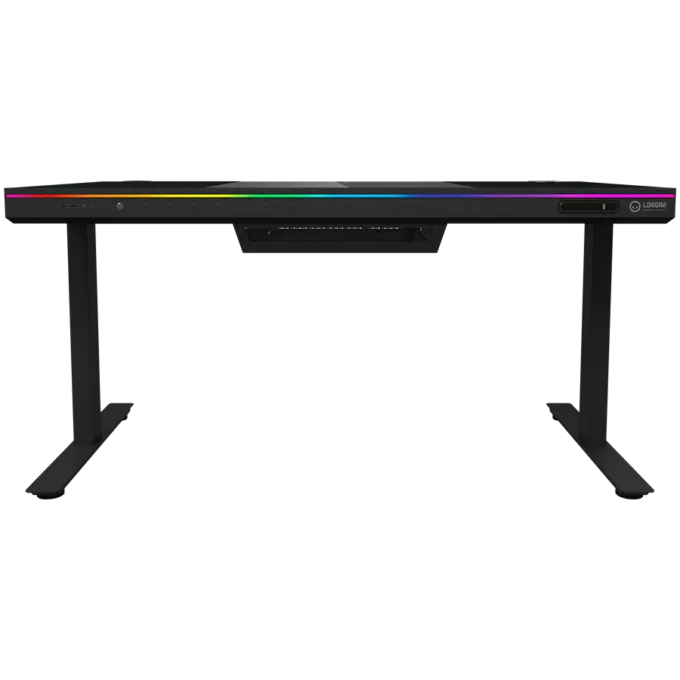 Dual-motor sit/stand adjustable-height gaming desk with built-in PC case, wireless charger, RGB lighting, control panel, and USB ports, tempered glass tabletop, black. — image 3