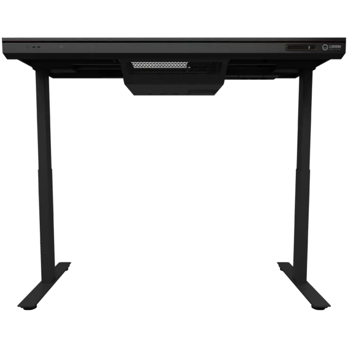 Dual-motor sit/stand adjustable-height gaming desk with built-in PC case, wireless charger, RGB lighting, control panel, and USB ports, tempered glass tabletop, black. — image 4
