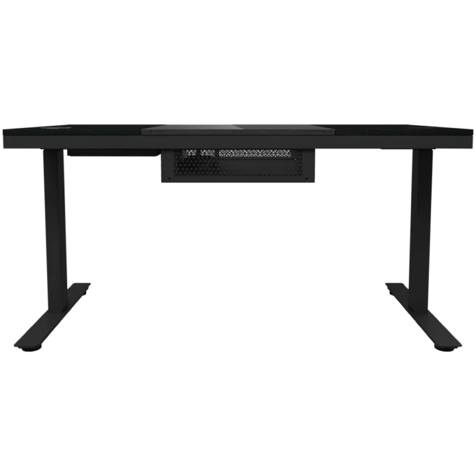 Dual-motor sit/stand adjustable-height gaming desk with built-in PC case, wireless charger, RGB lighting, control panel, and USB ports, tempered glass tabletop, black. — image 5