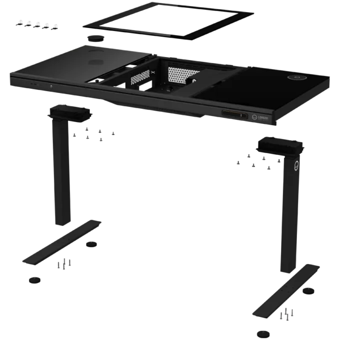 Dual-motor sit/stand adjustable-height gaming desk with built-in PC case, wireless charger, RGB lighting, control panel, and USB ports, tempered glass tabletop, black. — image 7