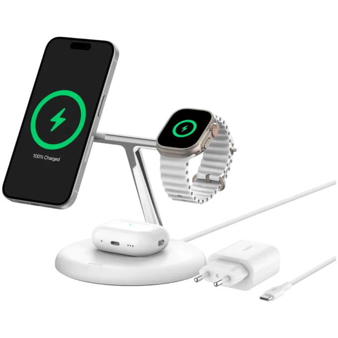 BELKIN PRO 3in1 Qi2 15w Magnetic Adjustable Charging Stand, White — image 1