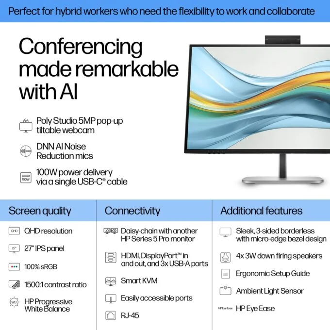 HP S5 Pro 527pm 27-inch QHD USB-C Conferencing Monitor – IPS, 100Hz, 5MP Webcam, Speakers — image 9