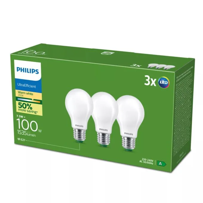 Philips Ultra Efficient LED E27 | A60 | 7.3W = 100W | 2700K ciepła matowa | 3 szt. — image 2