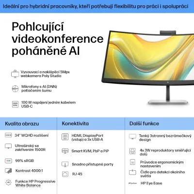 HP S5 Pro 534PM - 34-inch Curved WQHD (3440×¹440) Business Monitor - VA Panel, 100 Hz, 5ms, 400 Nits, Poly Studio 5MP Webcam, Speakers, USB-C 100W, LAN, HDMI 2.0, DP 1.4, VESA — image 9