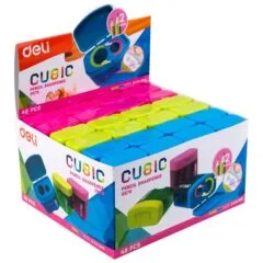 DELI PENCIL SHARPENER 2 HOLES WITH CANISTER ASSORTED PACK OF 48 PCS