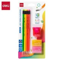 DELI NEON SCHOOL SET BLISTER 4 PENCILS + 2 ERASERS + 1 SHARPENER