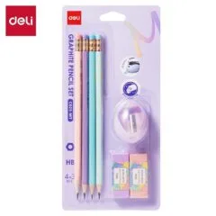 DELI MACARON SCHOOL SET BLISTER 4 PENCILS + 2 ERASERS + 1 SHARPENER