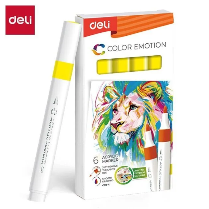 DELI ACRYLIC MARKER YELLOW 6 PCS BOX (COLOUR CODE 44) — image 1