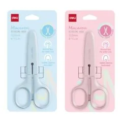 DELI PP STAINLESS STEEL SCHOOL MACARON SCISSORS 122MM, ROUND TIP WITH PROTECTIVE COVER BLISTER