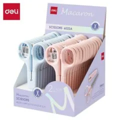 DELI PP STAINLESS STEEL SCHOOL MACARON SCISSORS 122MM,ROUND TIP WITH PROTECTIVE COVER BOX OF 24.