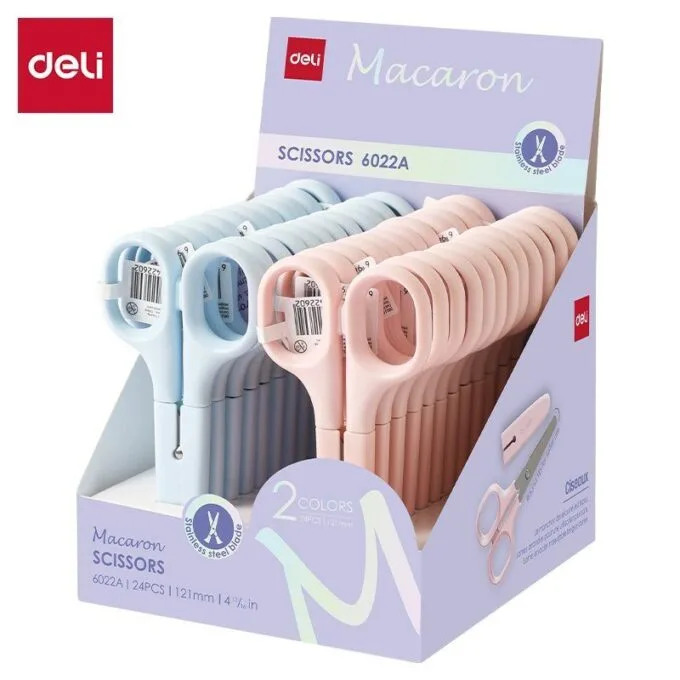 DELI PP STAINLESS STEEL SCHOOL MACARON SCISSORS 122MM,ROUND TIP WITH PROTECTIVE COVER BOX OF 24. — image 1