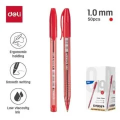 DELI BALL POINT PEN 1.0MM RED (PACK OF 50 PENS)