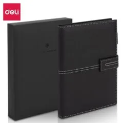 DELI LEATHER COVER RULED NOTEBOOK A5 80GSM BLACK WITH GIFT BOX