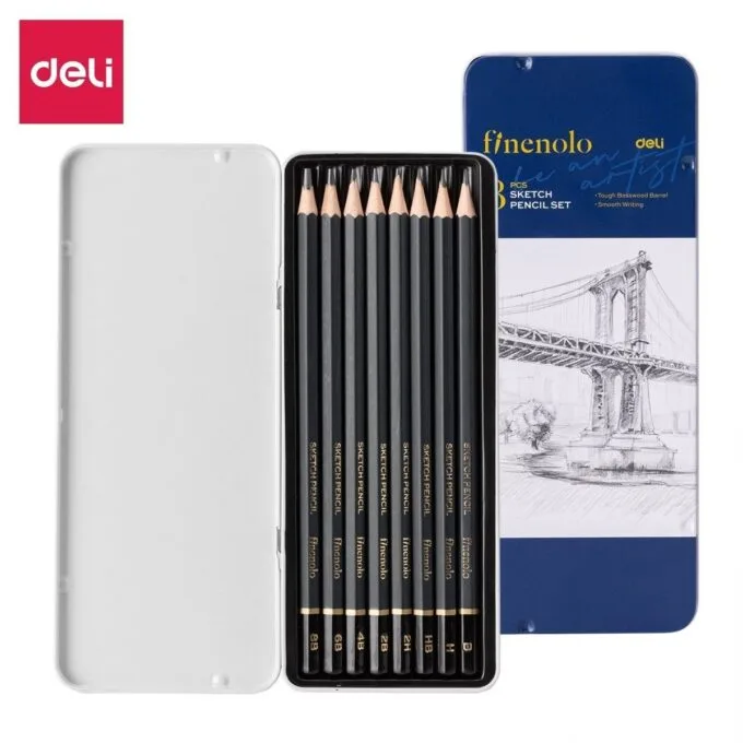 DELI SKETCHING PENCILS 8 PCS TIN SET (2H,H,HB,B,2B,4B,6B,8B) — image 1