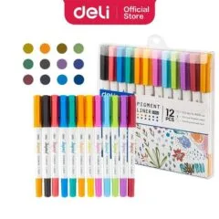 DELI PIGMENT LINER MARKER PENS 12PCS 0.5 - 1.0MM - DUALTIP