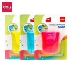 DELI PENCIL SHARPENER 2 HOLES 8/12MM WITH CANISTER ASSORTED BLISTER