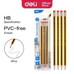 DELI GRAPHITE PENCIL HEXANGONAL BARREL HB W/ERASER BLISTER OF 4PCS