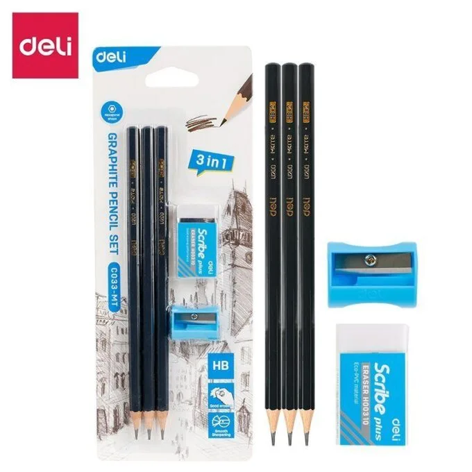 DELI SCHOOL SET BLISTER 3 PENCILS + 1ERASERS + 1SHARPENER — image 1