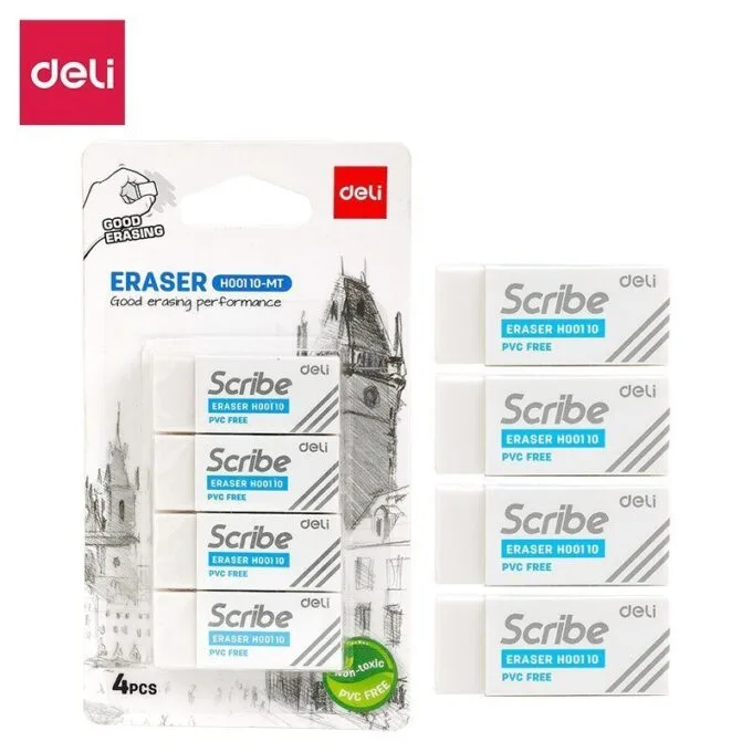 DELI ERASER DUST FREE WHITE 40X17X12MM 4PCS BLISTER — image 1