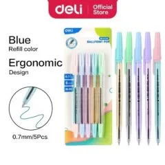 DELI BALL POINT PASTEL PEN 0.7MM BLUE ASSORTED 5 PCS BLISTER