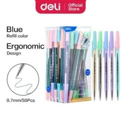 DELI BALL POINT PASTEL PEN 0.7MM BLUE 50 PCS ASSORTED