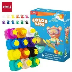 DELI FINGER PAINT 12 COLOURS 18ML WITH PUZZLE STAMP DESIGN